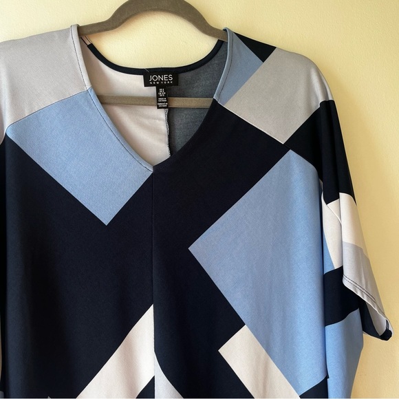 Jones New York Abstract Geo Print Blouse S Blue Black Cream Dolman Sleeve Top - Picture 2 of 10